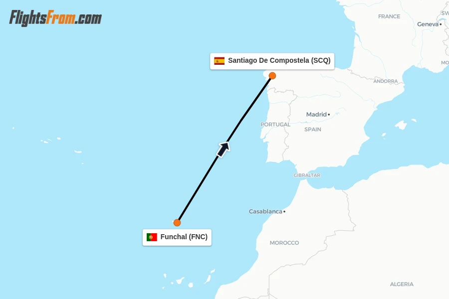 Flights from Funchal to Santiago De Compostela route map