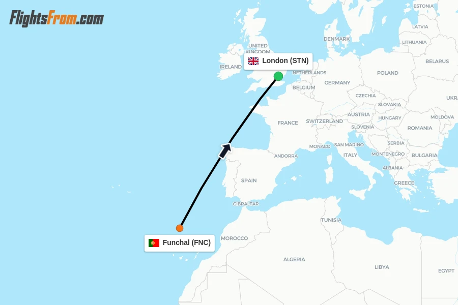 Flights from Funchal to London route map