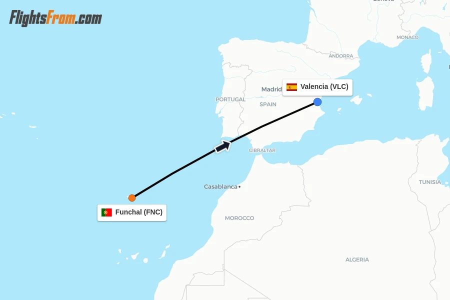 Flights from Funchal to Valencia route map