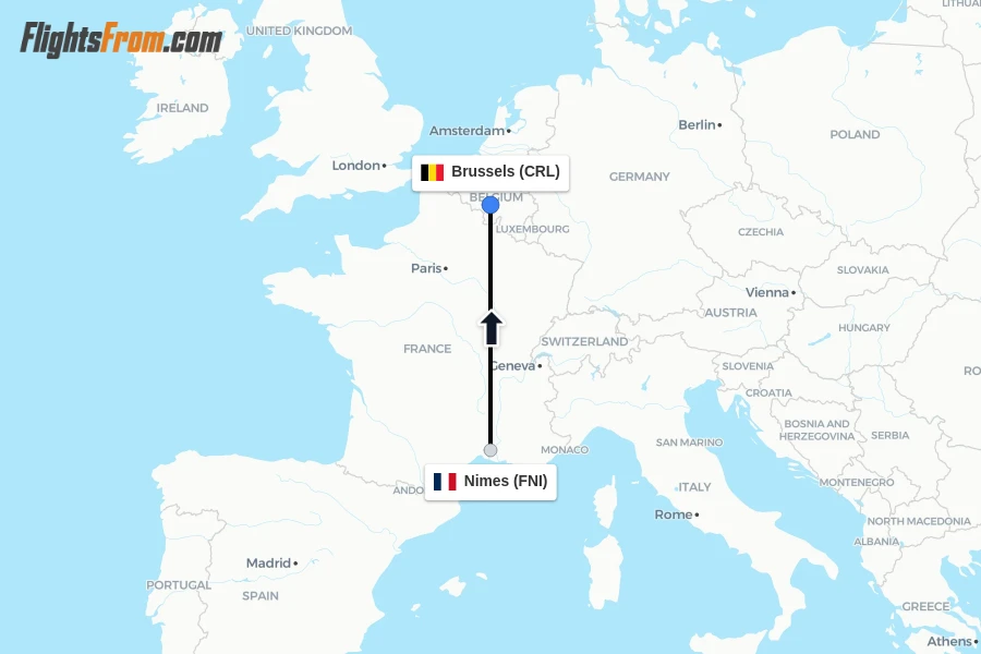 Flights from Nimes to Brussels route map