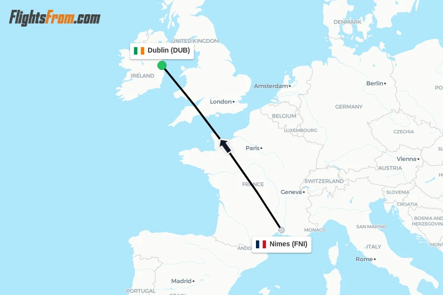 Flights from Nimes to Dublin route map