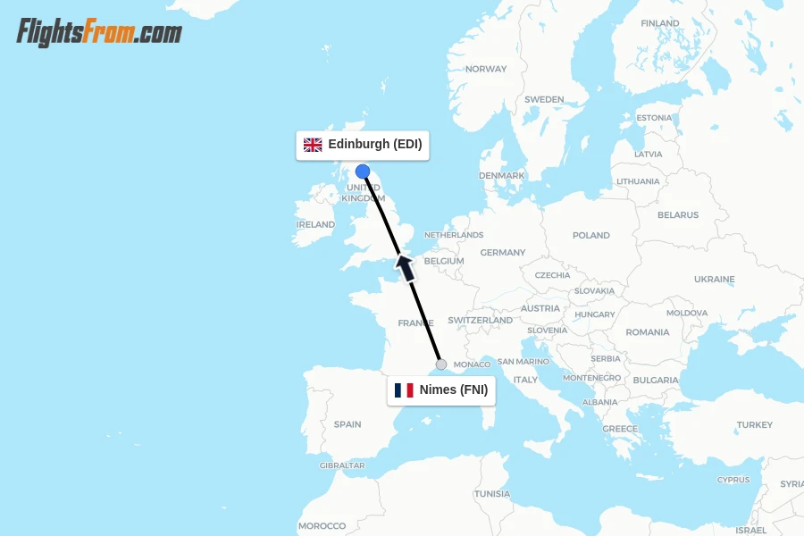 Flights from Nimes to Edinburgh route map