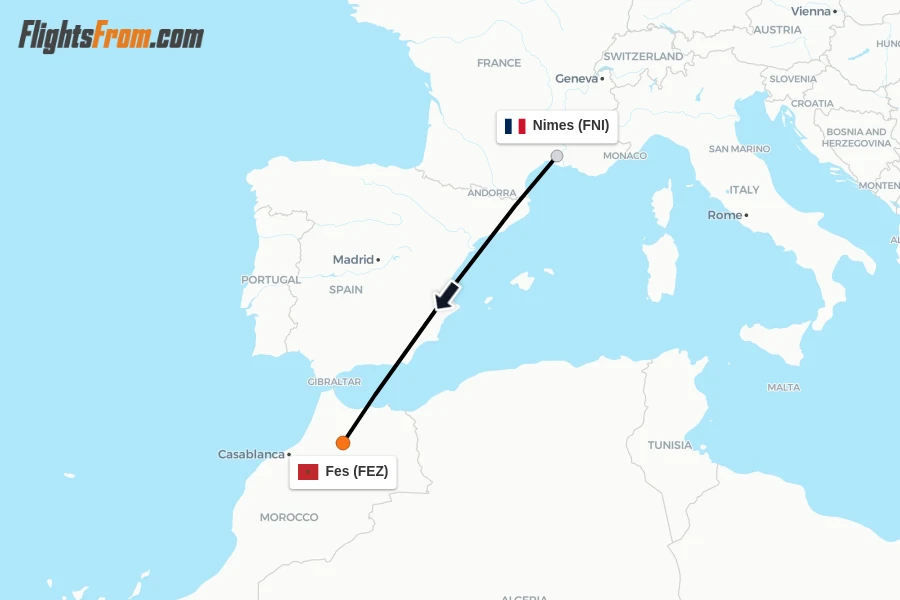 Flights from Nimes to Fes route map