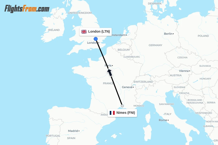Flights from Nimes to London route map
