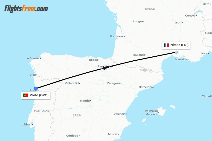 Flights from Nimes to Porto route map