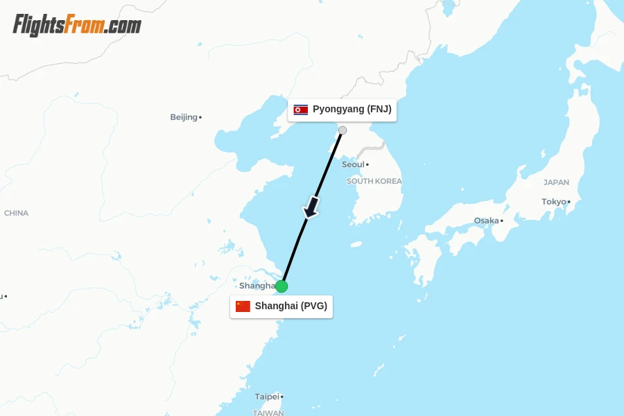 Flights from Pyongyang to Shanghai route map