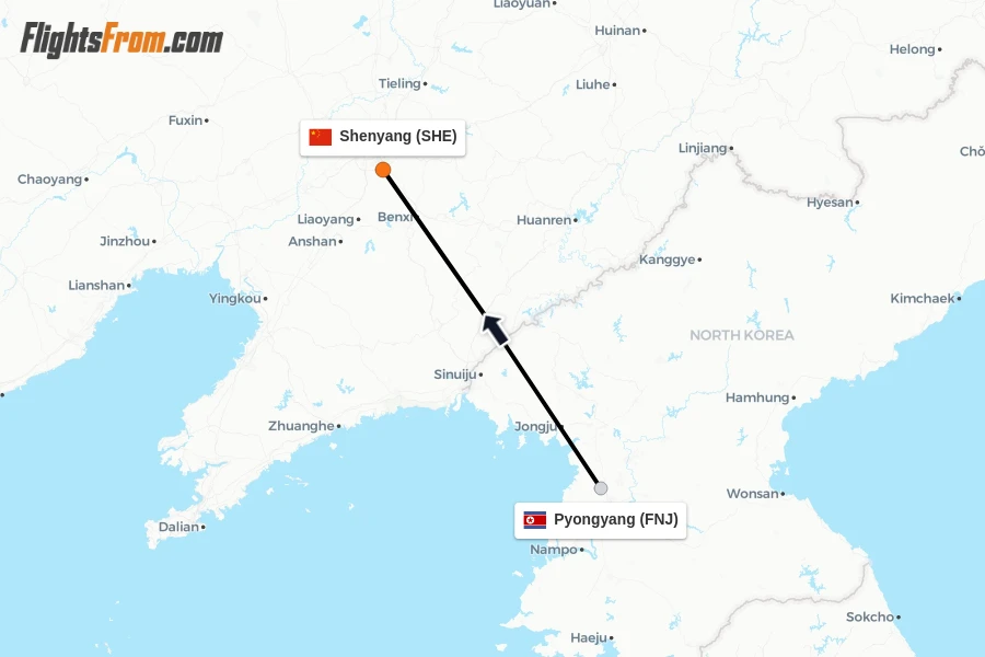 Flights from Pyongyang to Shenyang route map