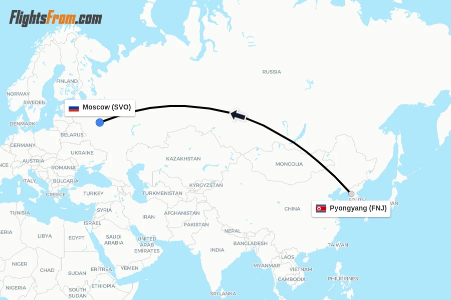 Flights from Pyongyang to Moscow route map
