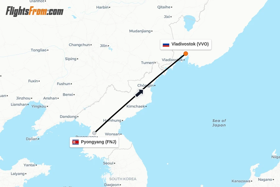 Flights from Pyongyang to Vladivostok route map