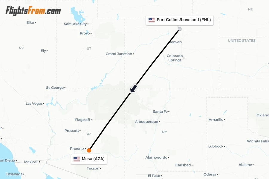 Flights from Fort Collins/Loveland to Mesa route map
