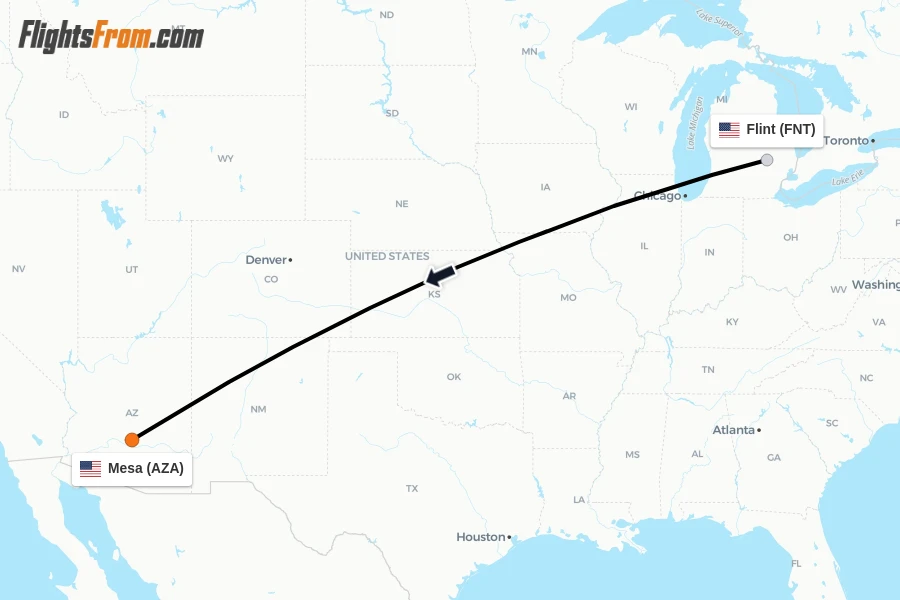 Flights from Flint to Mesa route map