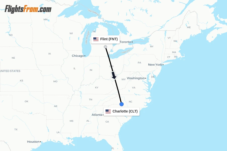 Flights from Flint to Charlotte route map