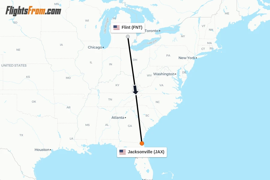 Flights from Flint to Jacksonville route map
