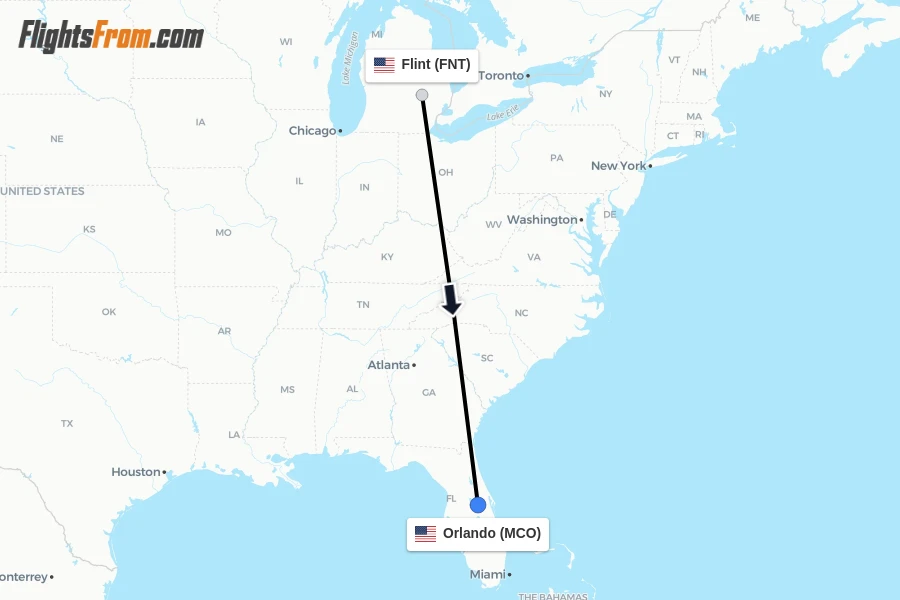 Flights from Flint to Orlando route map