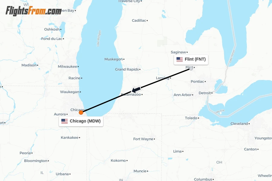Flights from Flint to Chicago route map