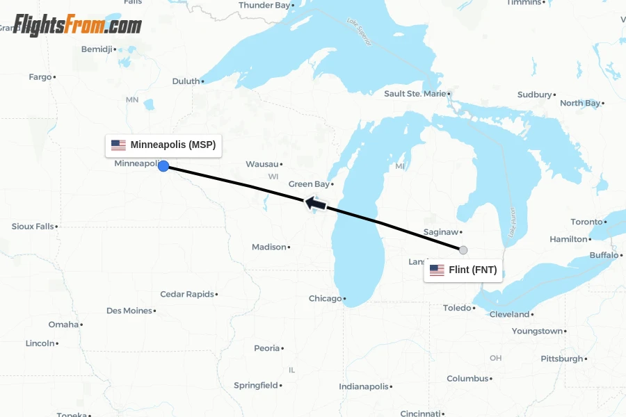Flights from Flint to Minneapolis route map