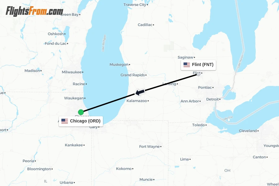 Flights from Flint to Chicago route map