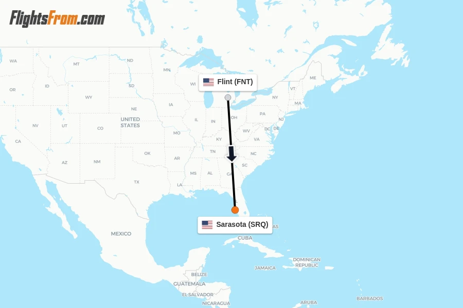Flights from Flint to Sarasota route map
