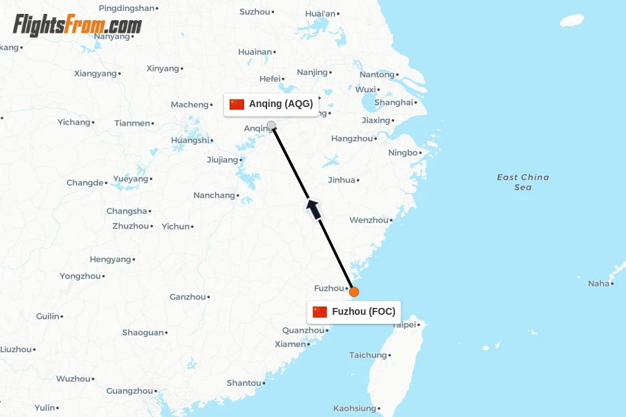 Flights from Fuzhou to Anqing route map