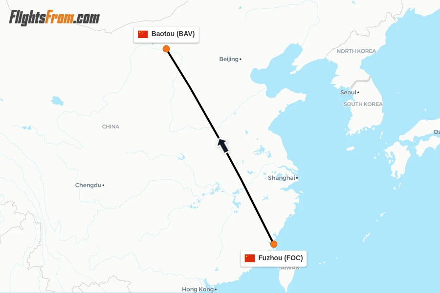 Flights from Fuzhou to Baotou route map
