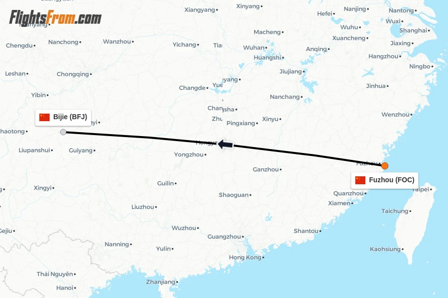 Flights from Fuzhou to Bijie route map