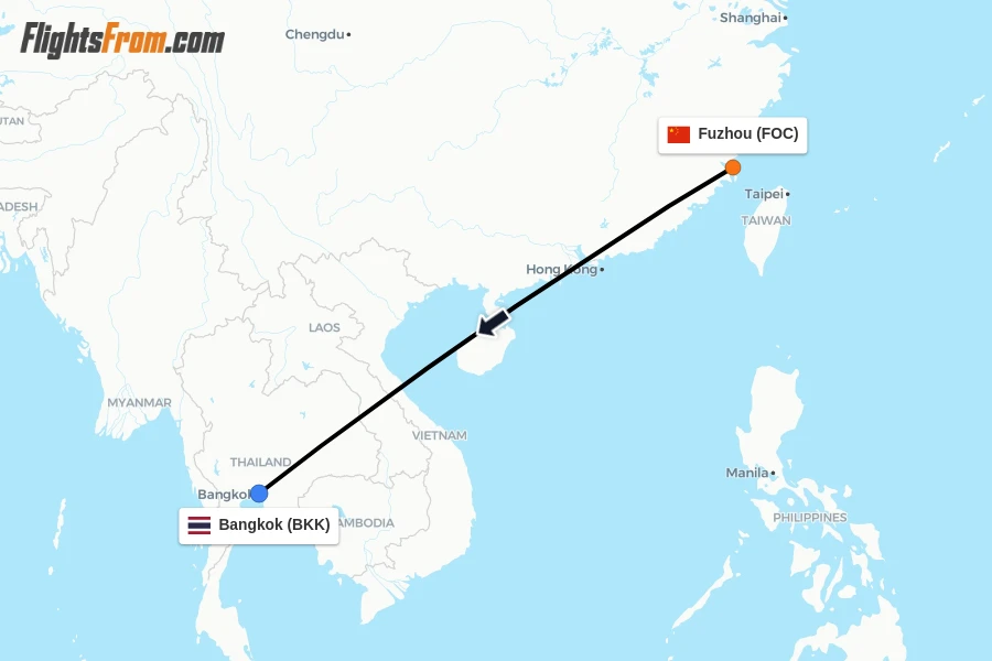Flights from Fuzhou to Bangkok route map