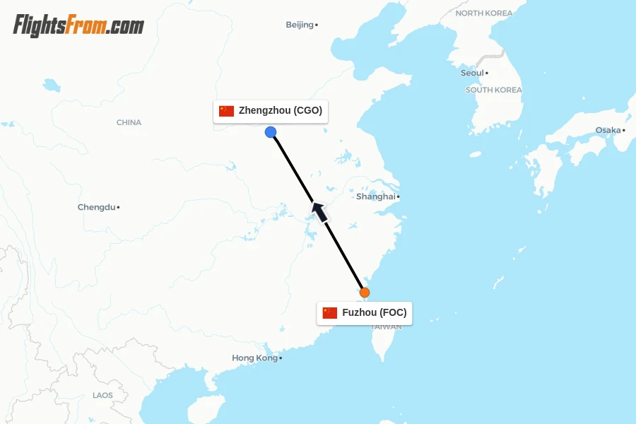 Flights from Fuzhou to Zhengzhou route map
