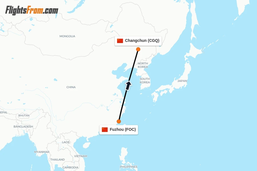 Flights from Fuzhou to Changchun route map