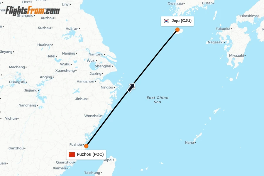 Flights from Fuzhou to Jeju route map