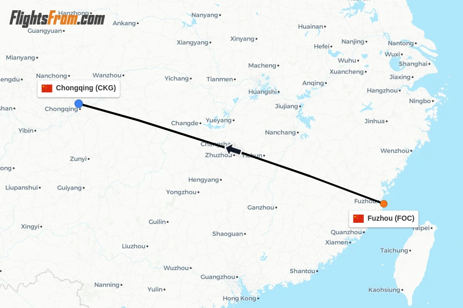 Flights from Fuzhou to Chongqing route map