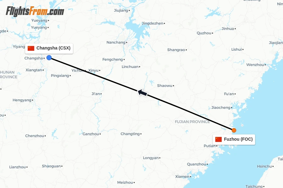 Flights from Fuzhou to Changsha route map