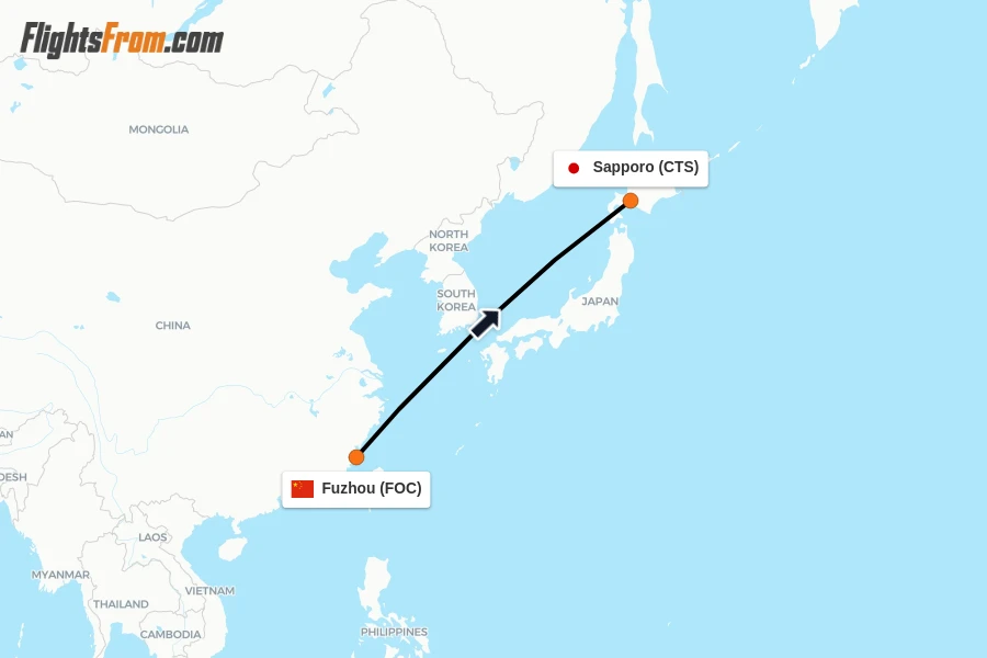 Flights from Fuzhou to Sapporo route map