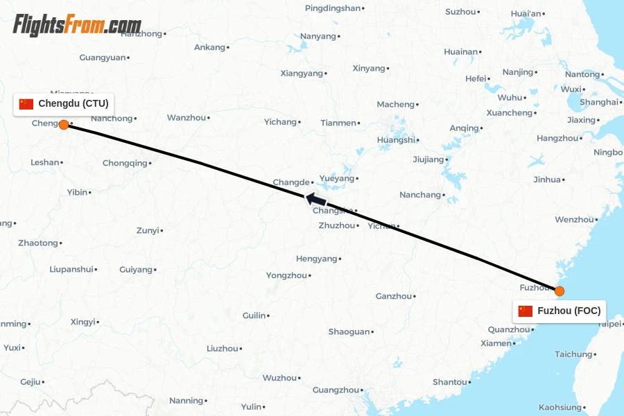 Flights from Fuzhou to Chengdu route map