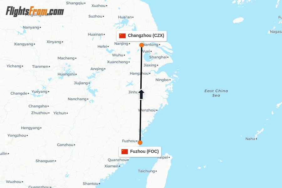 Flights from Fuzhou to Changzhou route map