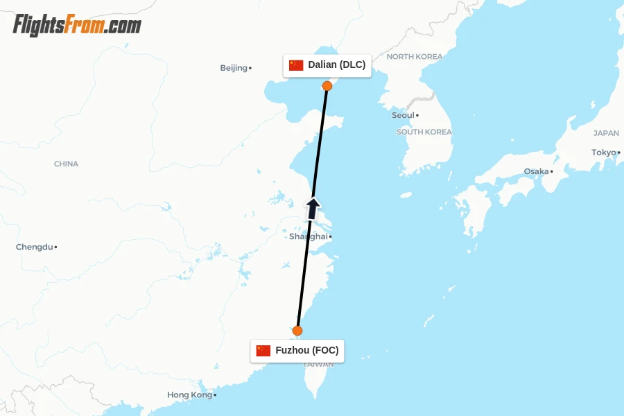 Flights from Fuzhou to Dalian route map