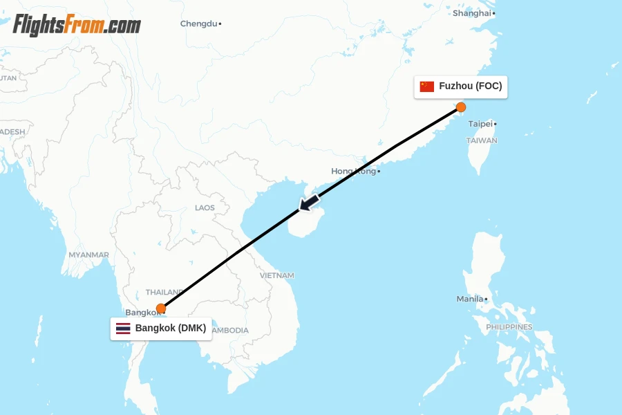 Flights from Fuzhou to Bangkok route map