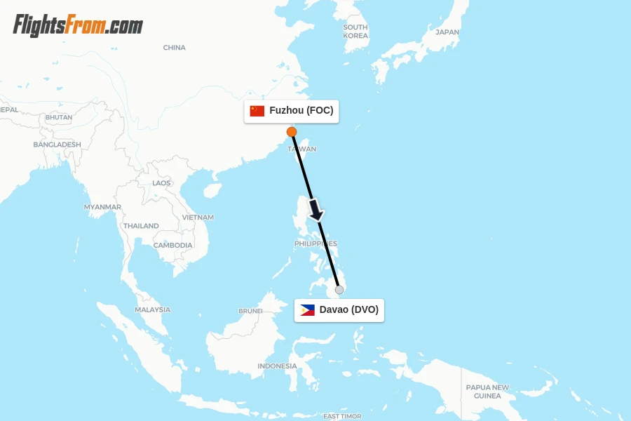 Flights from Fuzhou to Davao route map