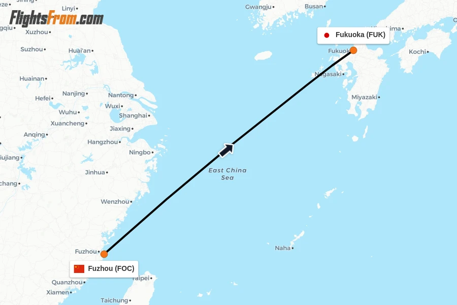 Flights from Fuzhou to Fukuoka route map