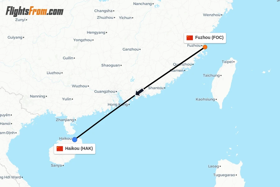 Flights from Fuzhou to Haikou route map