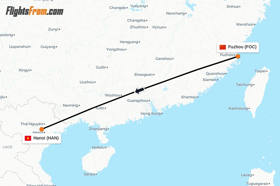 Flights from Fuzhou to Hanoi route map