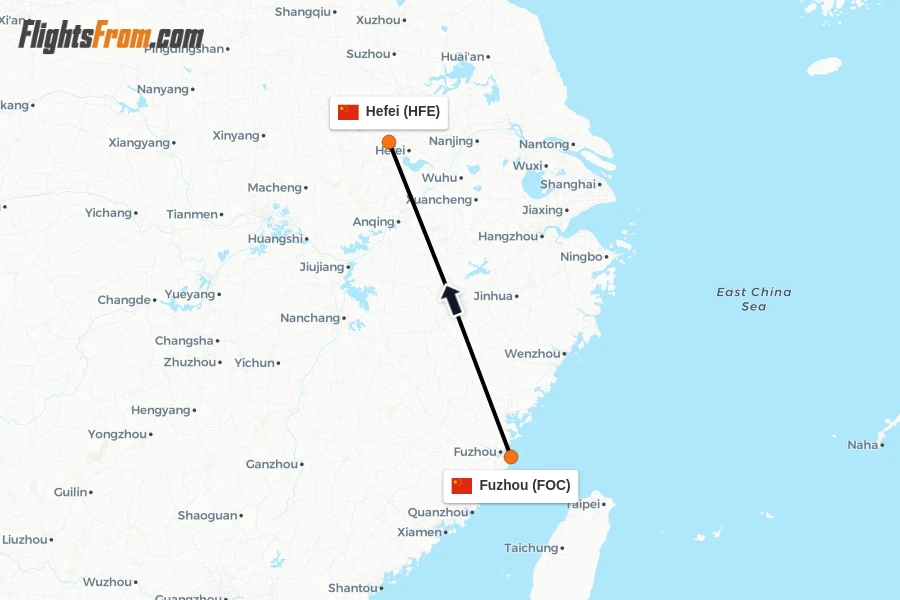 Flights from Fuzhou to Hefei route map