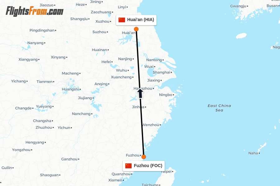Flights from Fuzhou to Huai'an route map