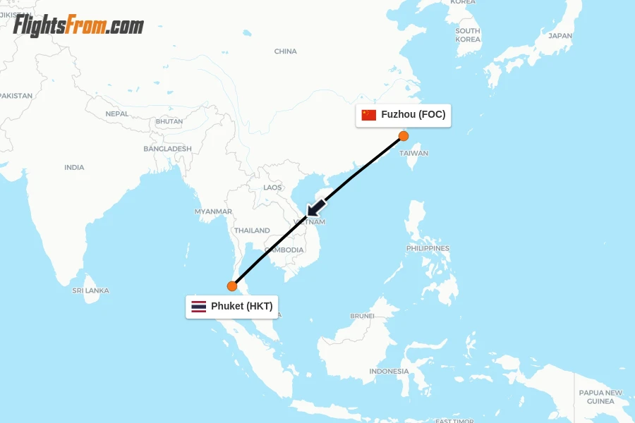 Flights from Fuzhou to Phuket route map