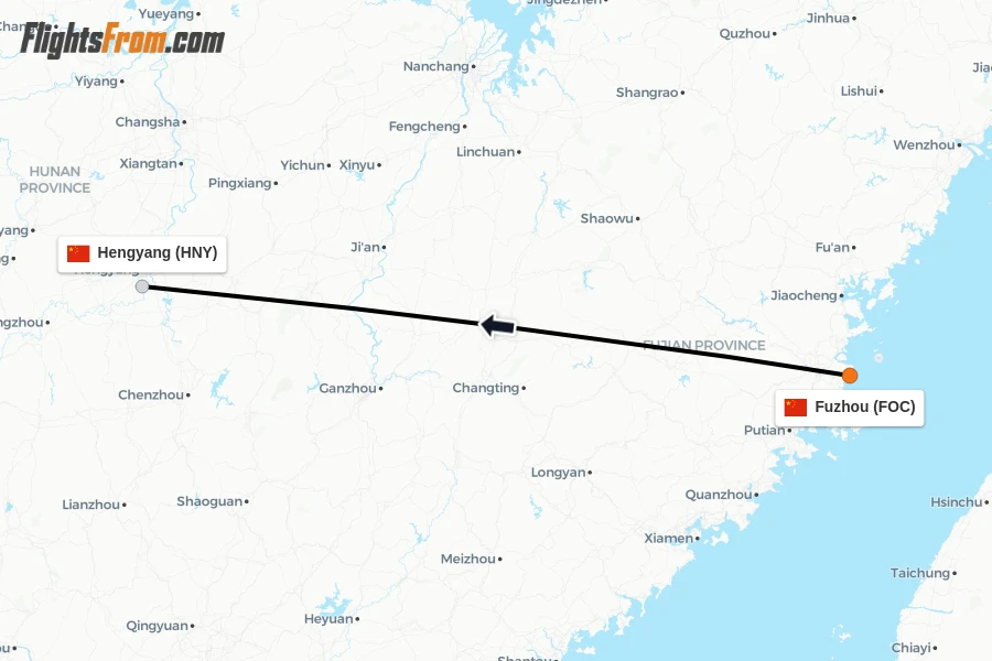 Flights from Fuzhou to Hengyang route map