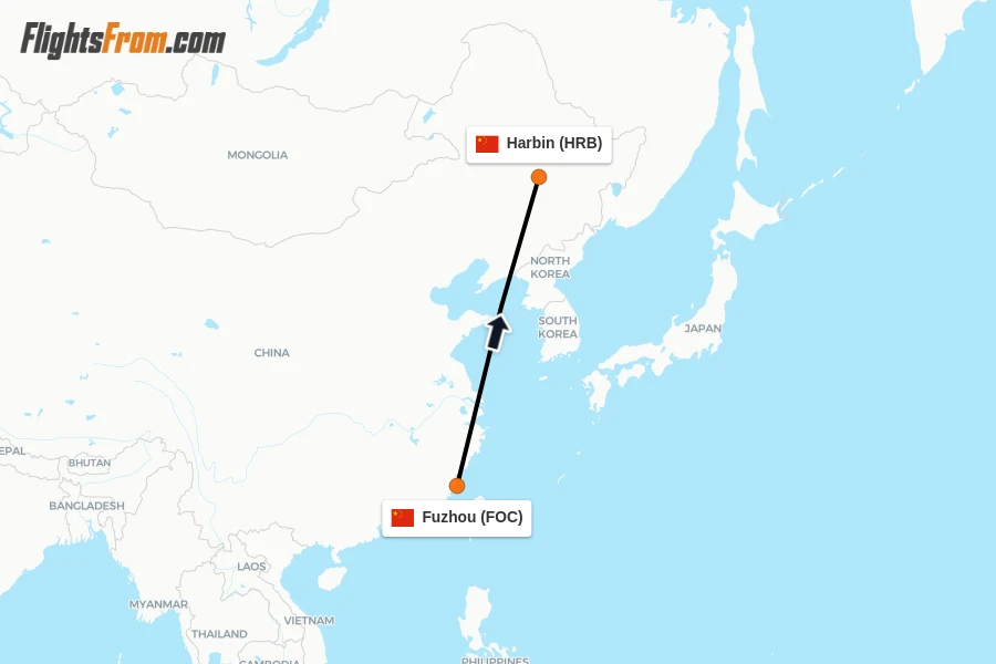 Flights from Fuzhou to Harbin route map