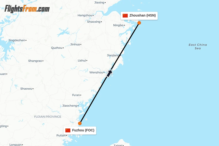 Flights from Fuzhou to Zhoushan route map