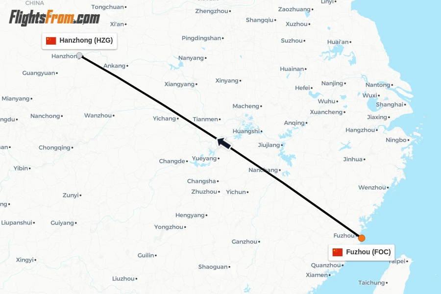 Flights from Fuzhou to Hanzhong route map