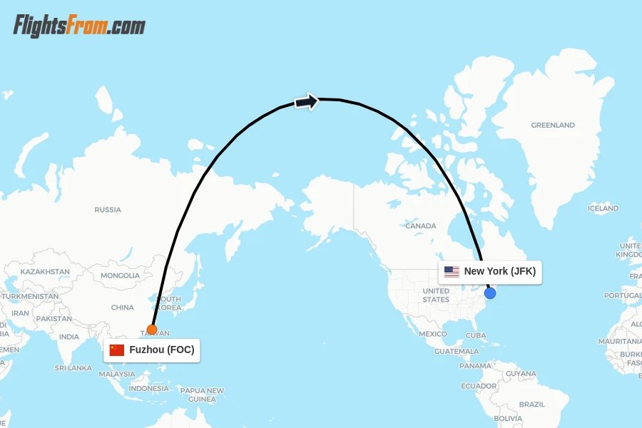 Flights from Fuzhou to New York route map