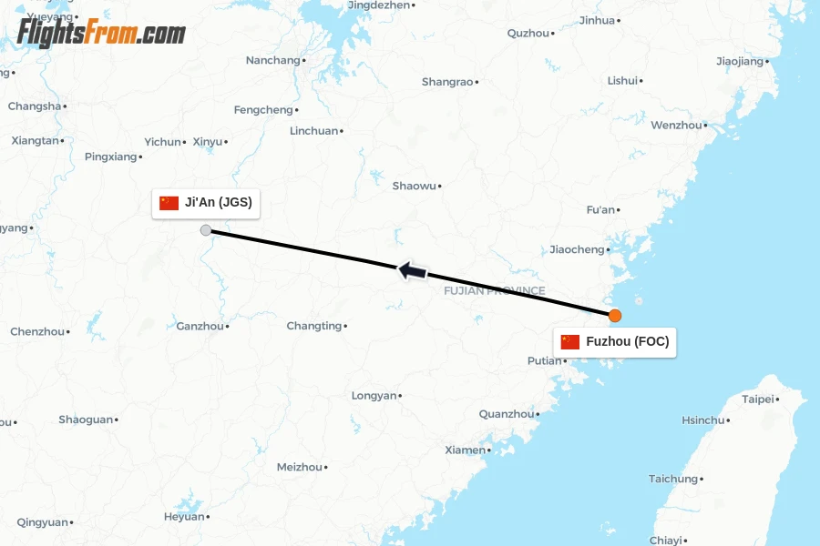 Flights from Fuzhou to Ji'An route map