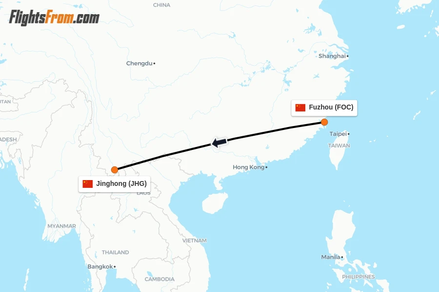 Flights from Fuzhou to Jinghong route map